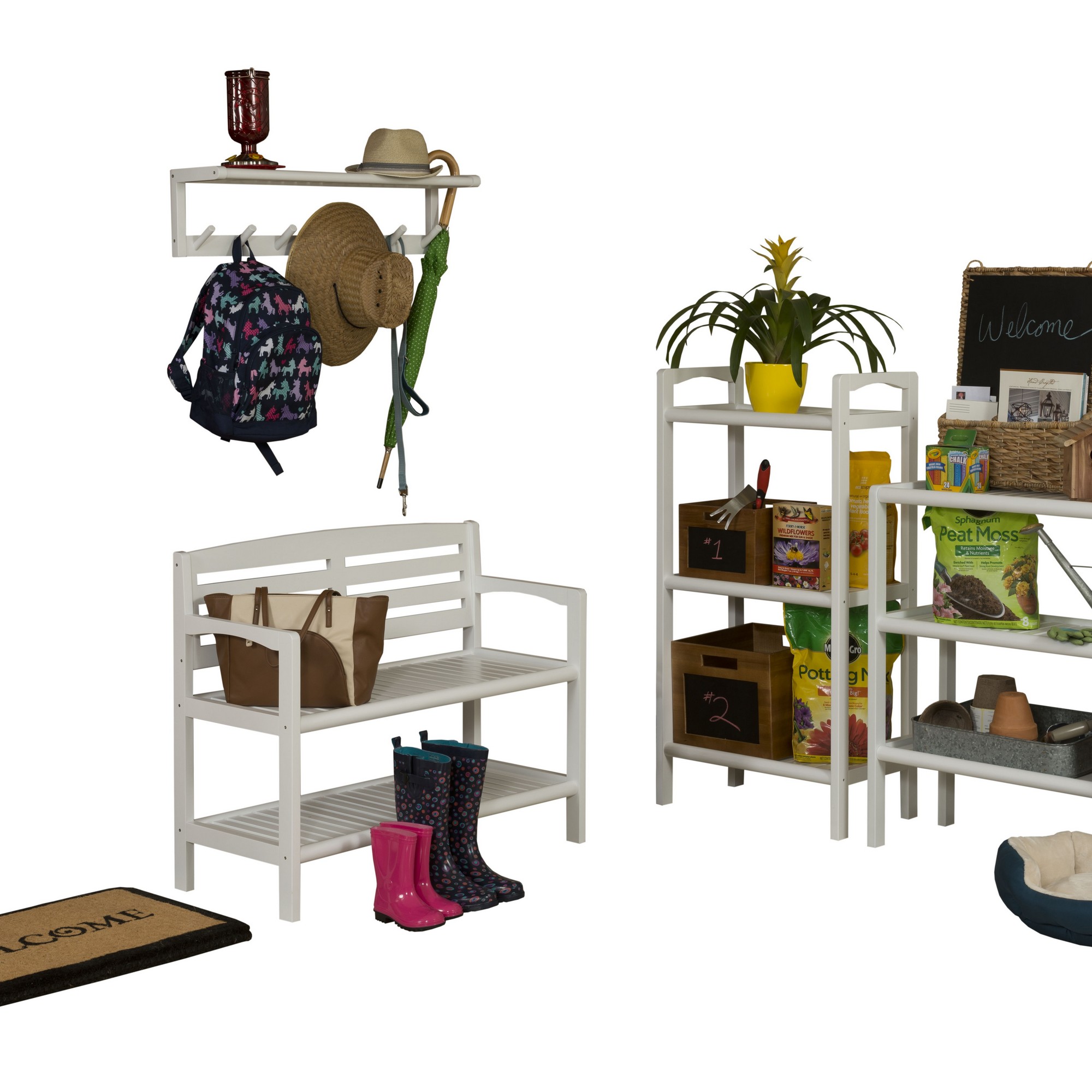 Wood Large Peg Coat or Towel Rack with Shelf in White - Image 4