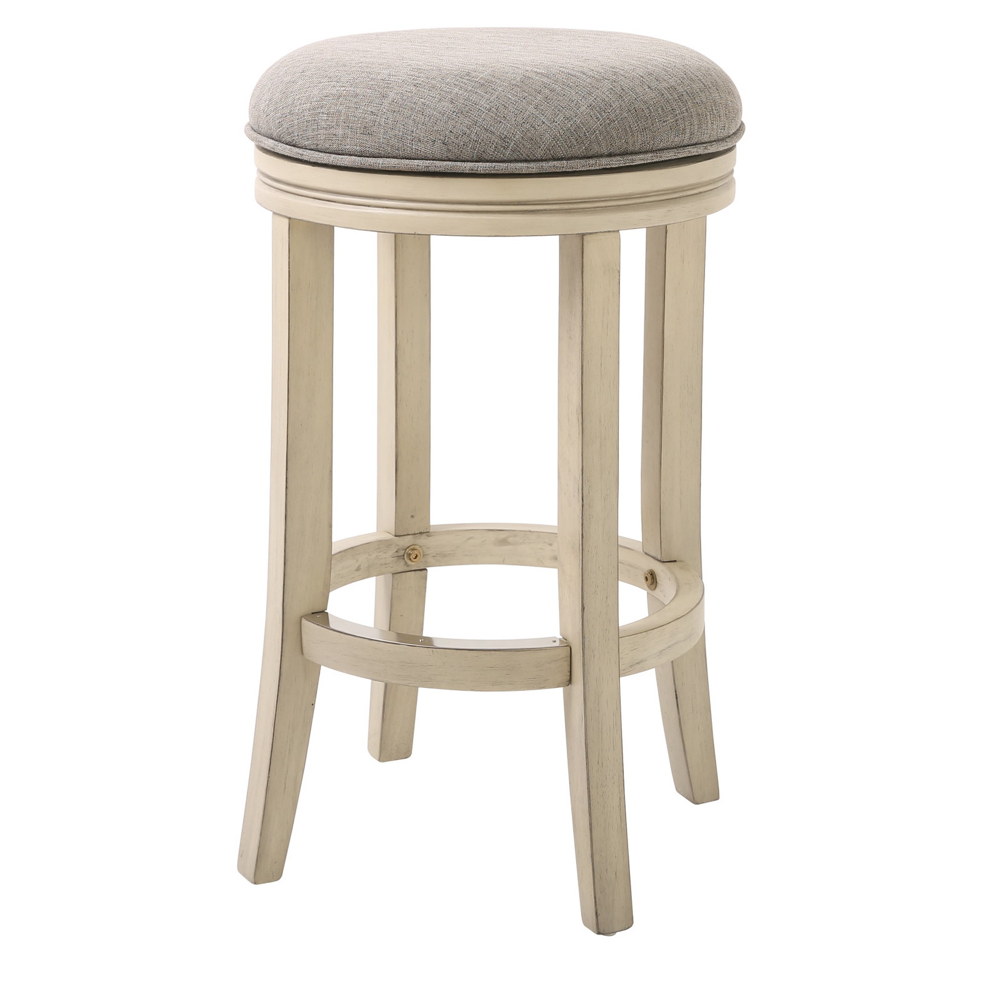 Bar Height Round Swivel Solid Wood Stool in Distressed Ivory Finished with Quartz Fabric - Image 2