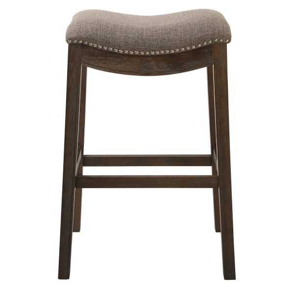 Bar Height Saddle Style Counter Stool with Taupe Fabric and Nail head Trim - Image 2