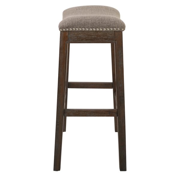 Bar Height Saddle Style Counter Stool with Taupe Fabric and Nail head Trim - Image 3