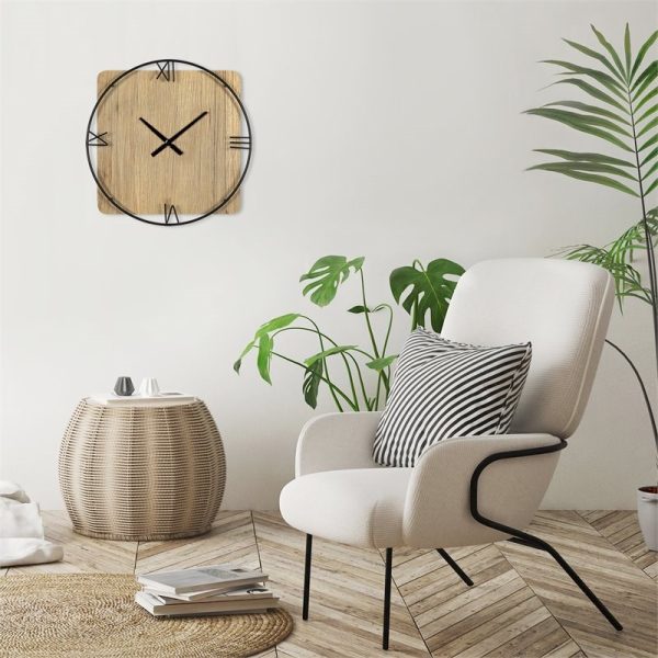 Minimalist Rustic Circle Square Wood and Metal Wall Clock - Image 3