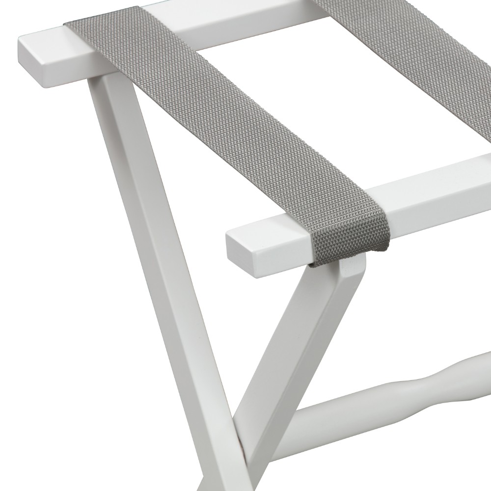 Hotel White Finish Wood Folding Luggage Rack with Gray Straps - Image 2