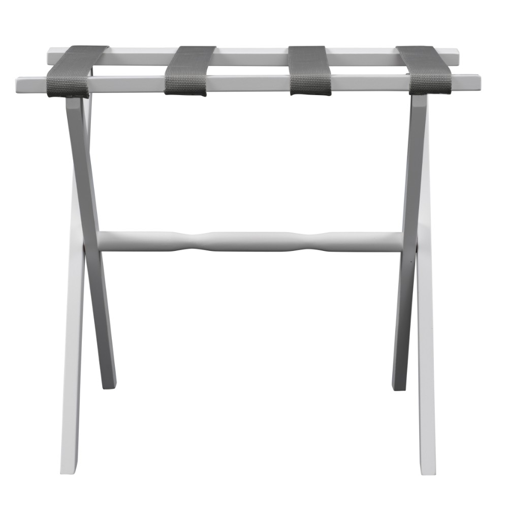 Hotel White Finish Wood Folding Luggage Rack with Gray Straps - Image 4