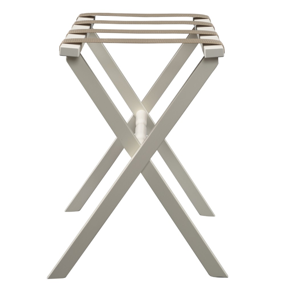 Hotel Ivory Finish Wood Folding Luggage Rack with Tan Straps - Image 3