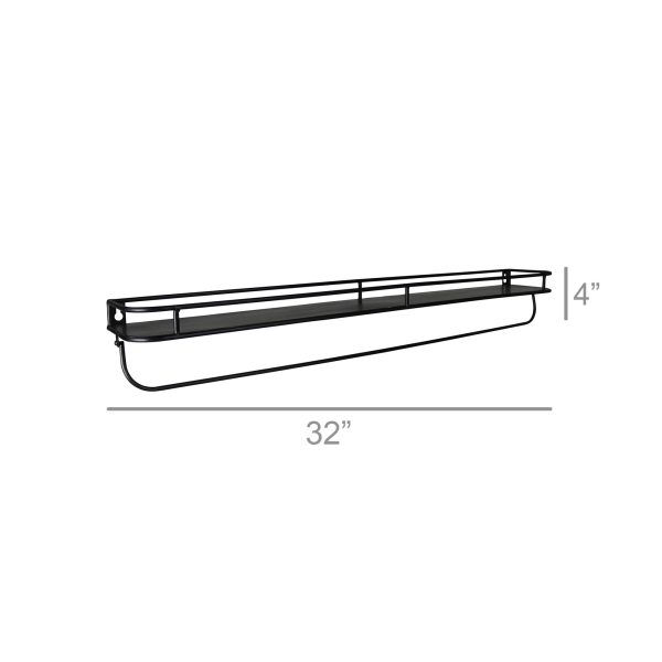 32" Black Rectangular Wall Mounted Iron Shelf with Hanging Bar - Image 3
