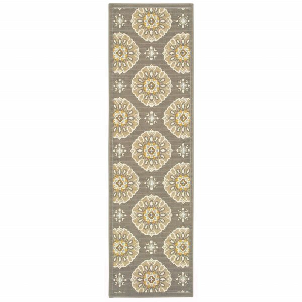 8' Grey Gold Floral Medallion Discs Indoor Outdoor Area Rug Runner Rug