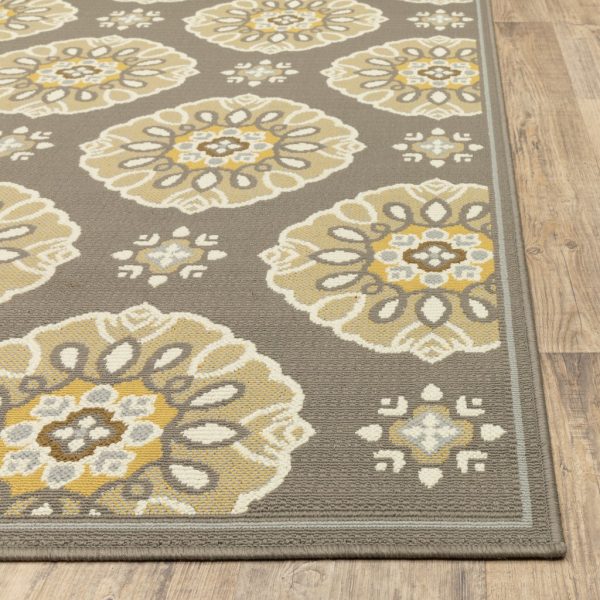 8' Grey Gold Floral Medallion Discs Indoor Outdoor Area Rug Runner Rug - Image 2