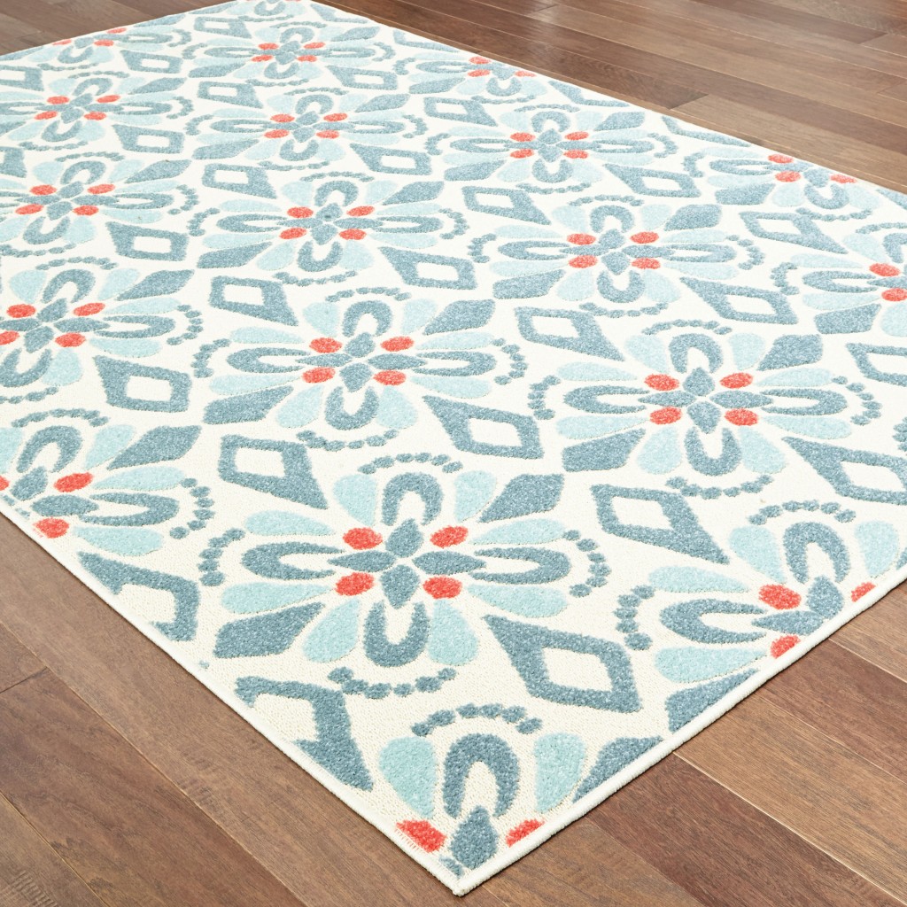 3' x 5' Ivory Blue Global Geo Tile Indoor Outdoor Area Rug - Image 3