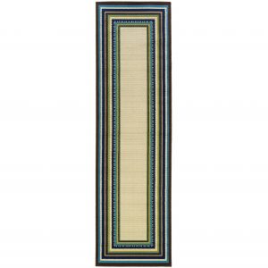 8' Ivory Mediterranean Blue and Lime Border Indoor Outdoor Runner Rug