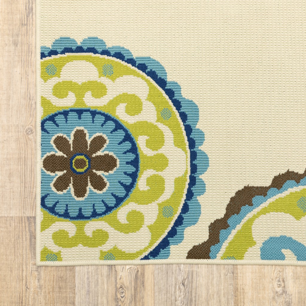 8' Ivory Indigo and Lime Medallion Disc Indoor Outdoor Runner Rug - Image 3