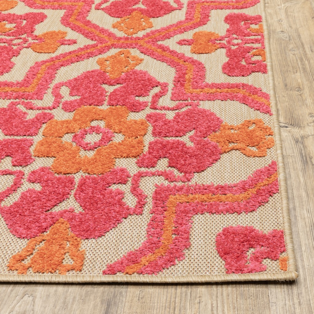 6' x 9' Pink and Orange Medallion Indoor Outdoor Area Rug - Image 3