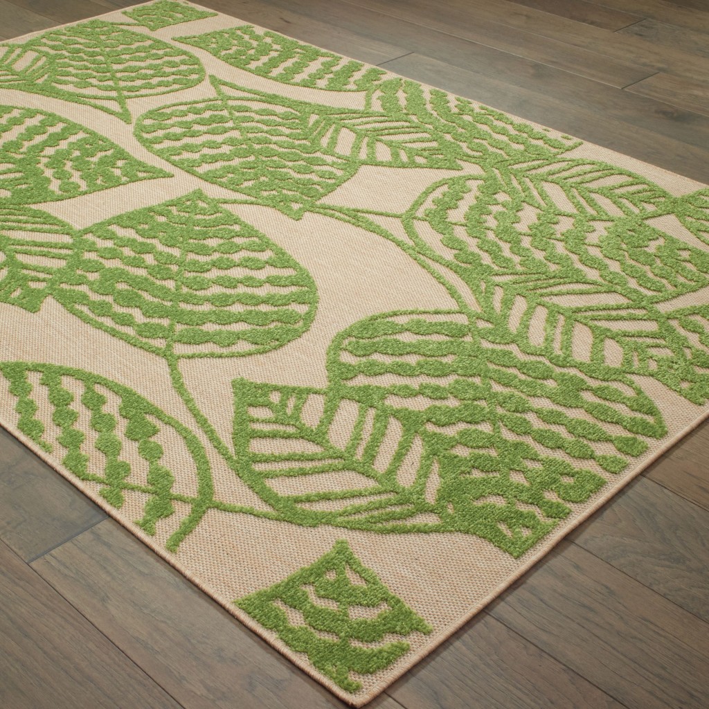 3' x 6' Sand and Lime Green Leaves Indoor Outdoor Area Rug - Image 3
