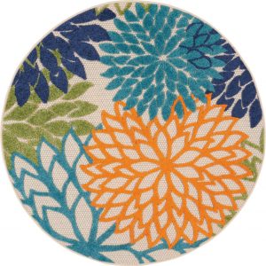 4?Round Orange Floral Outdoor Area Rug