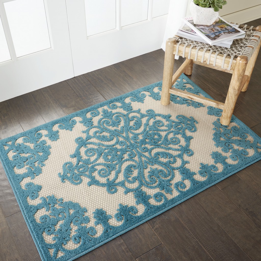 3?x 4?Aqua Medallion Indoor Outdoor Area Rug - Image 5