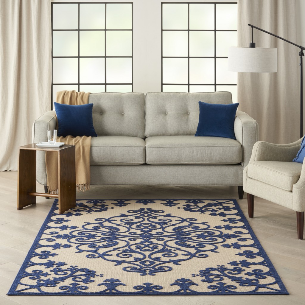 4?x 6?Navy Medallion Indoor Outdoor Area Rug - Image 4