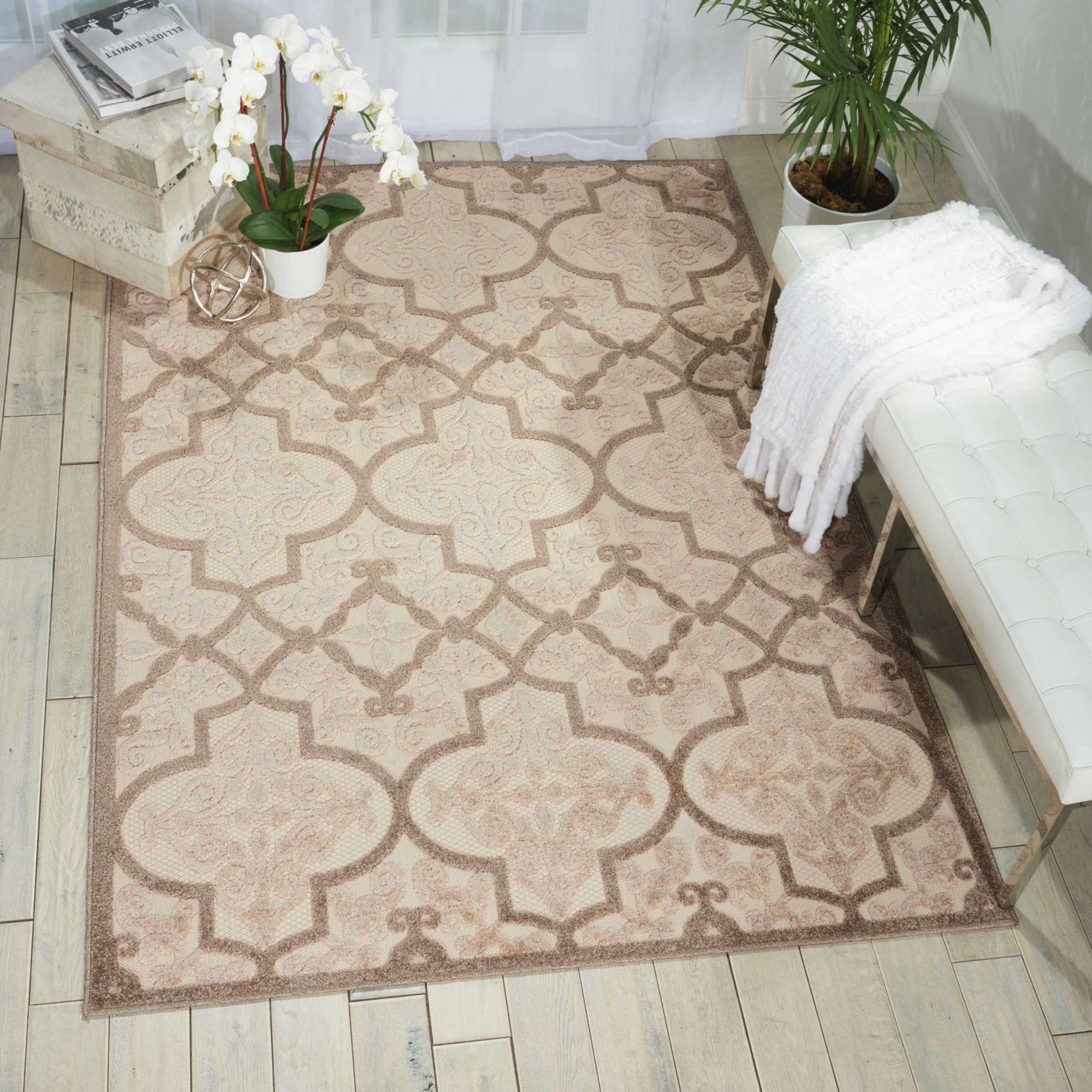 4?x 6?Cream and Beige Trellis Indoor Outdoor Area Rug - Image 4