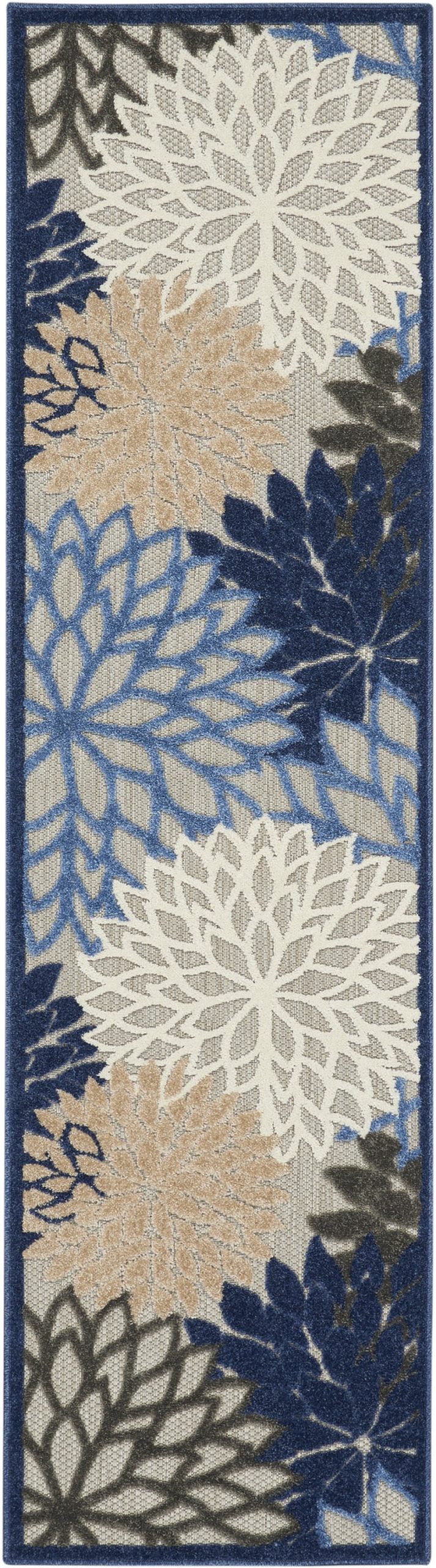 2?x 12?Blue Large Floral Indoor Outdoor Runner Rug
