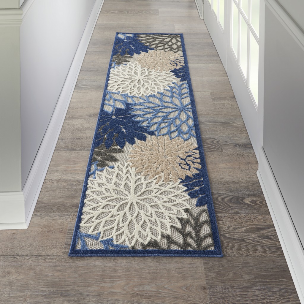 2?x 12?Blue Large Floral Indoor Outdoor Runner Rug - Image 4