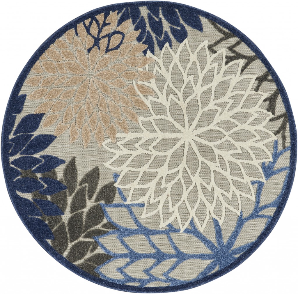 5?Round Blue Large Floral Indoor Outdoor Area Rug