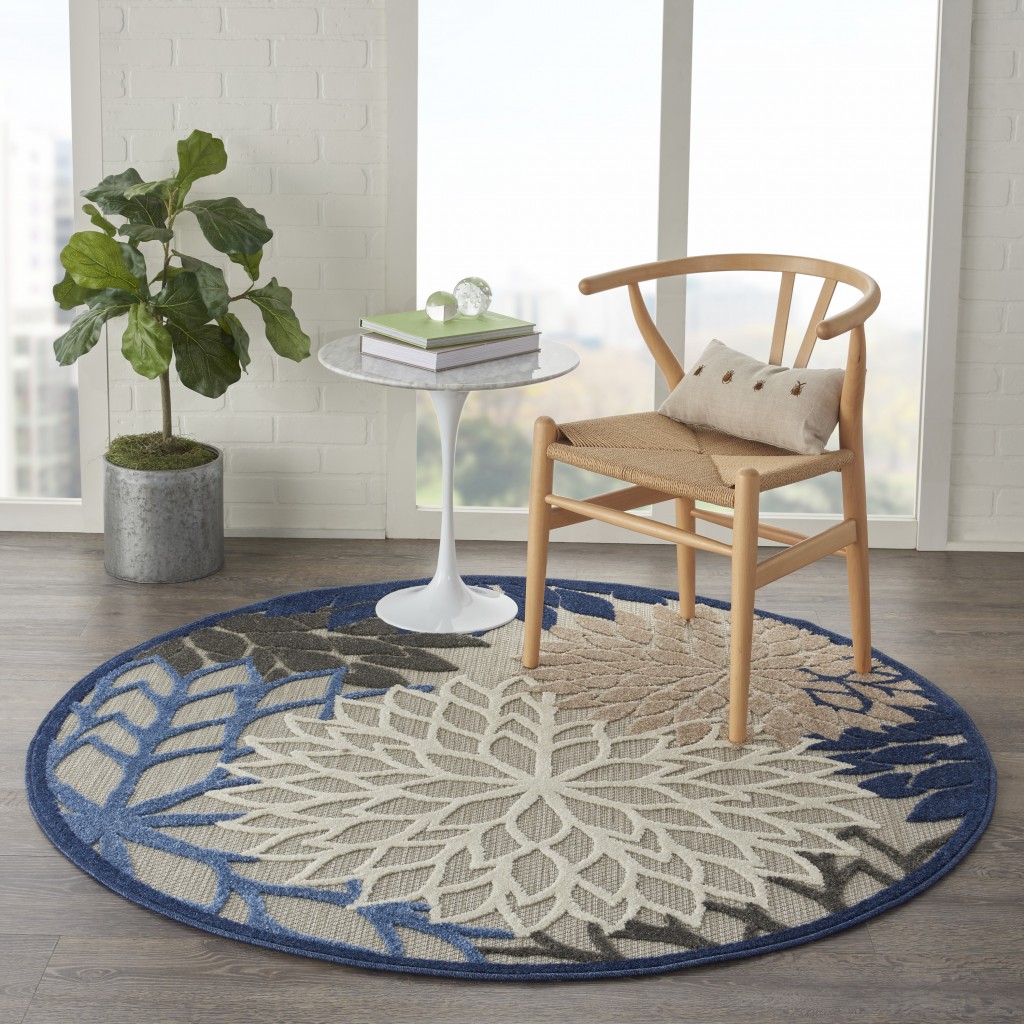 5?Round Blue Large Floral Indoor Outdoor Area Rug - Image 4