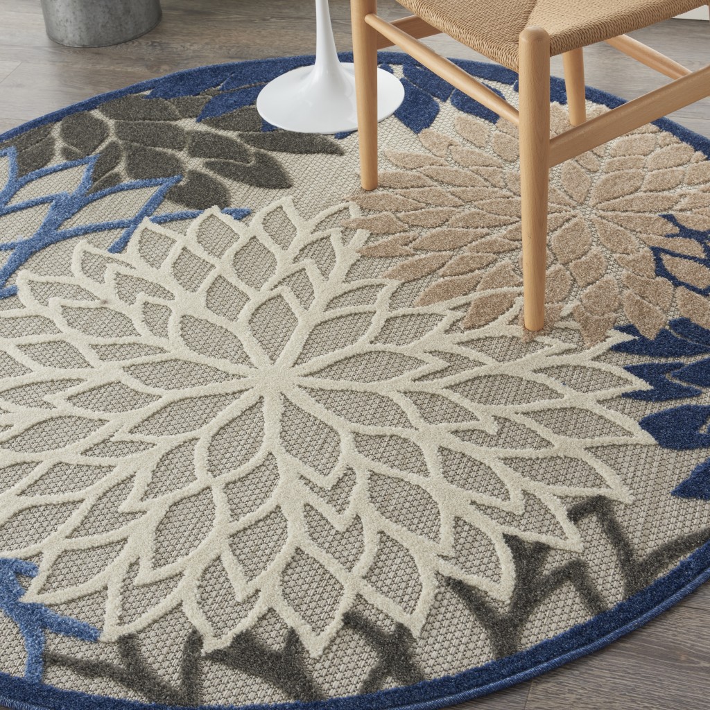 5?Round Blue Large Floral Indoor Outdoor Area Rug - Image 5