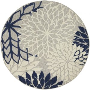 4?Round Ivory and Navy Indoor Outdoor Area Rug