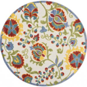 5?Round Ivory Multi Floral Indoor Outdoor Area Rug