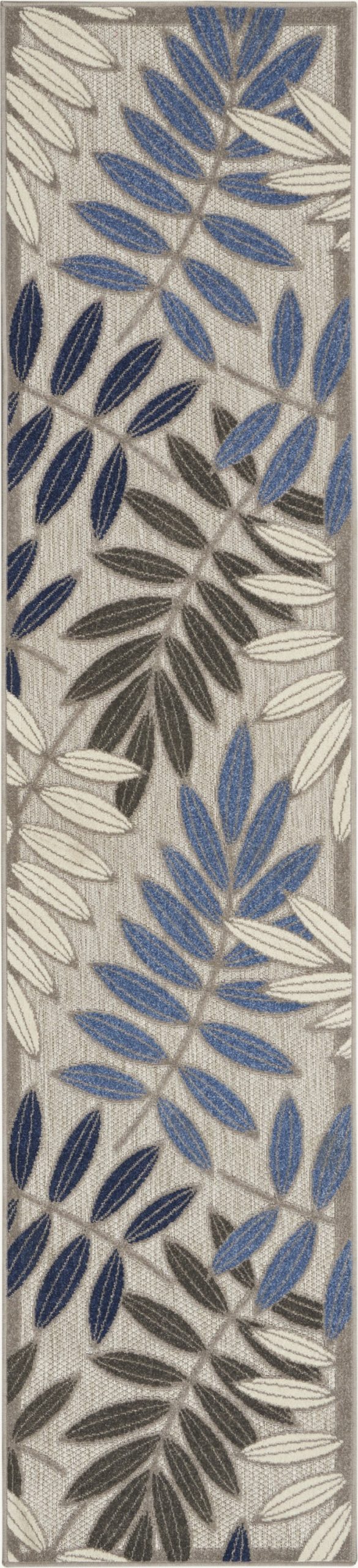 2?x 10?Gray and Blue Leaves Indoor Outdoor Runner Rug