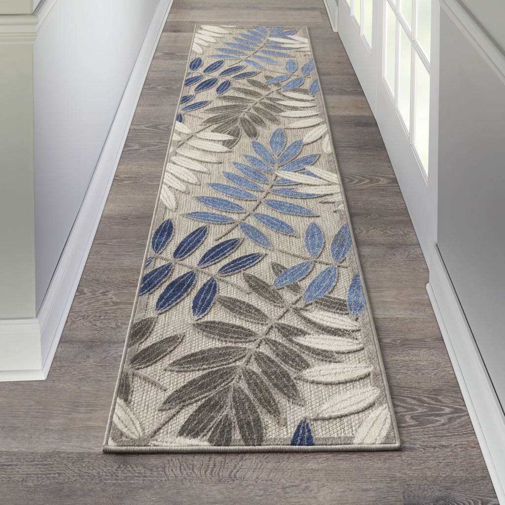 2?x 10?Gray and Blue Leaves Indoor Outdoor Runner Rug - Image 4