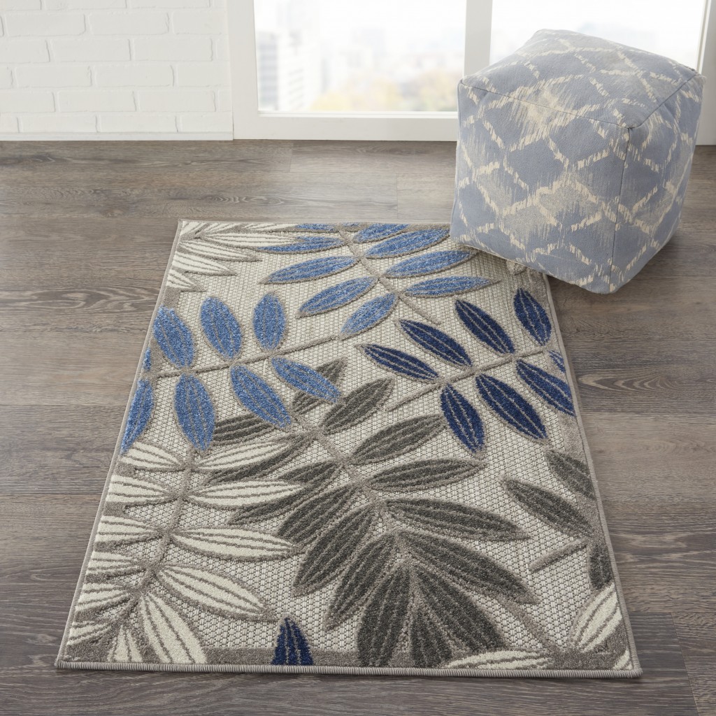 3?x 4?Gray and Blue Leaves Indoor Outdoor Area Rug - Image 4
