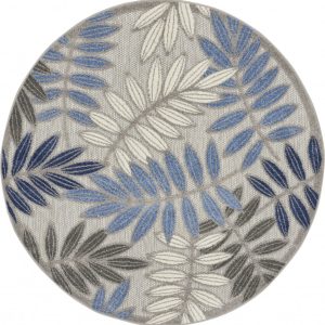 5?Round Gray and Blue Leaves Indoor Outdoor Area Rug