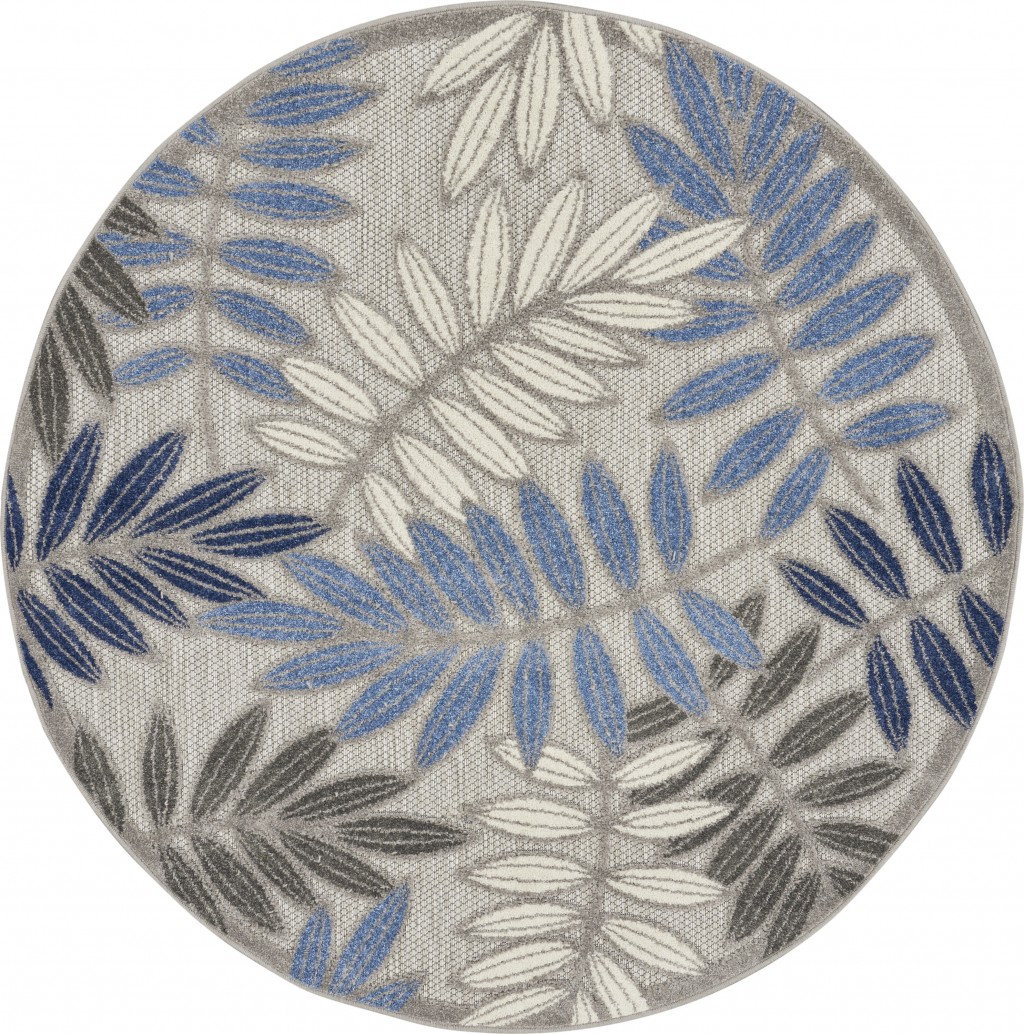 5?Round Gray and Blue Leaves Indoor Outdoor Area Rug