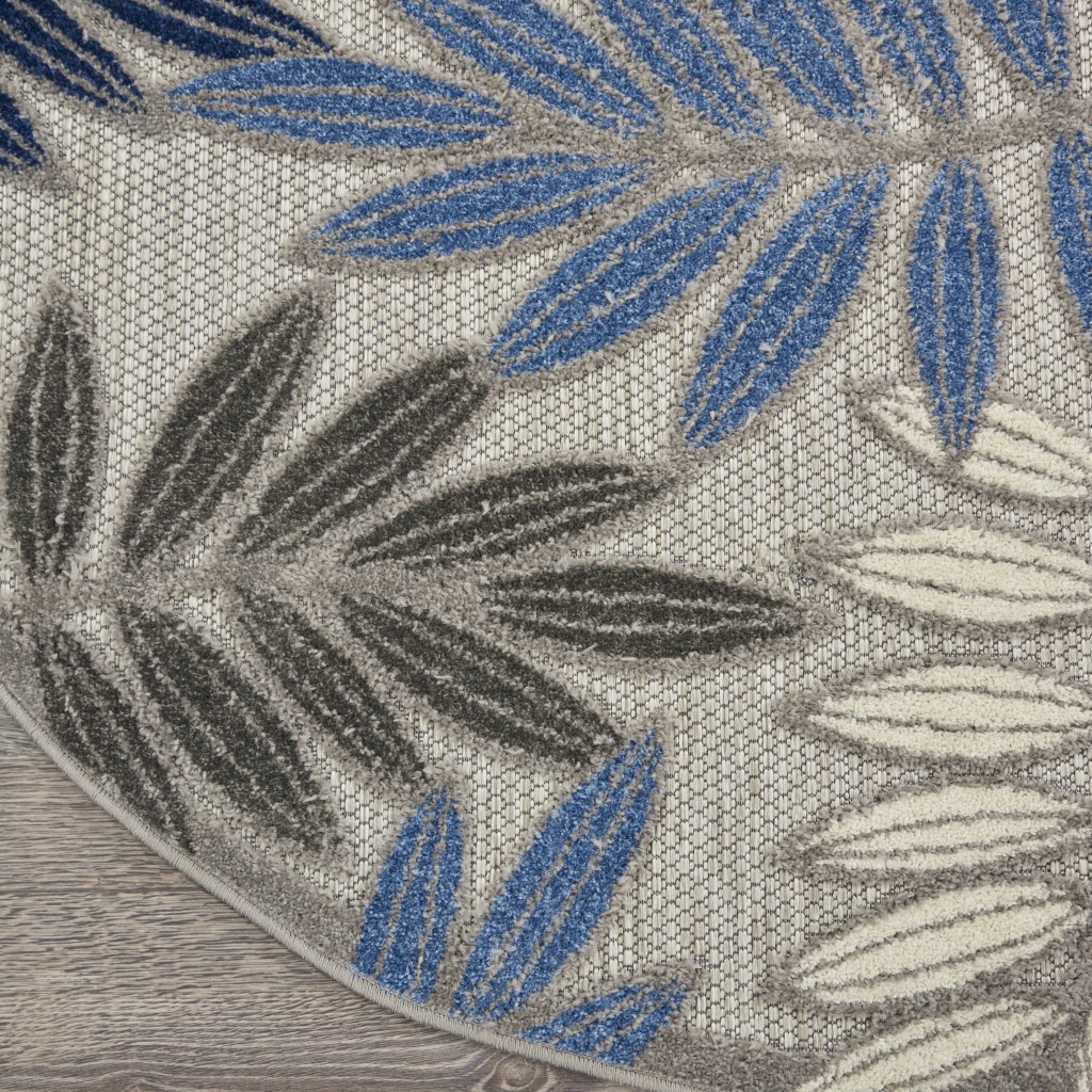5?Round Gray and Blue Leaves Indoor Outdoor Area Rug - Image 2