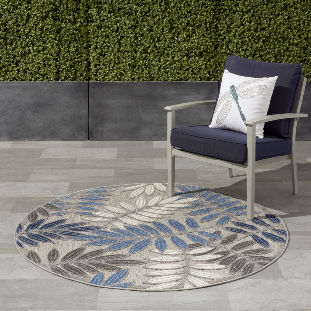 5?Round Gray and Blue Leaves Indoor Outdoor Area Rug - Image 4