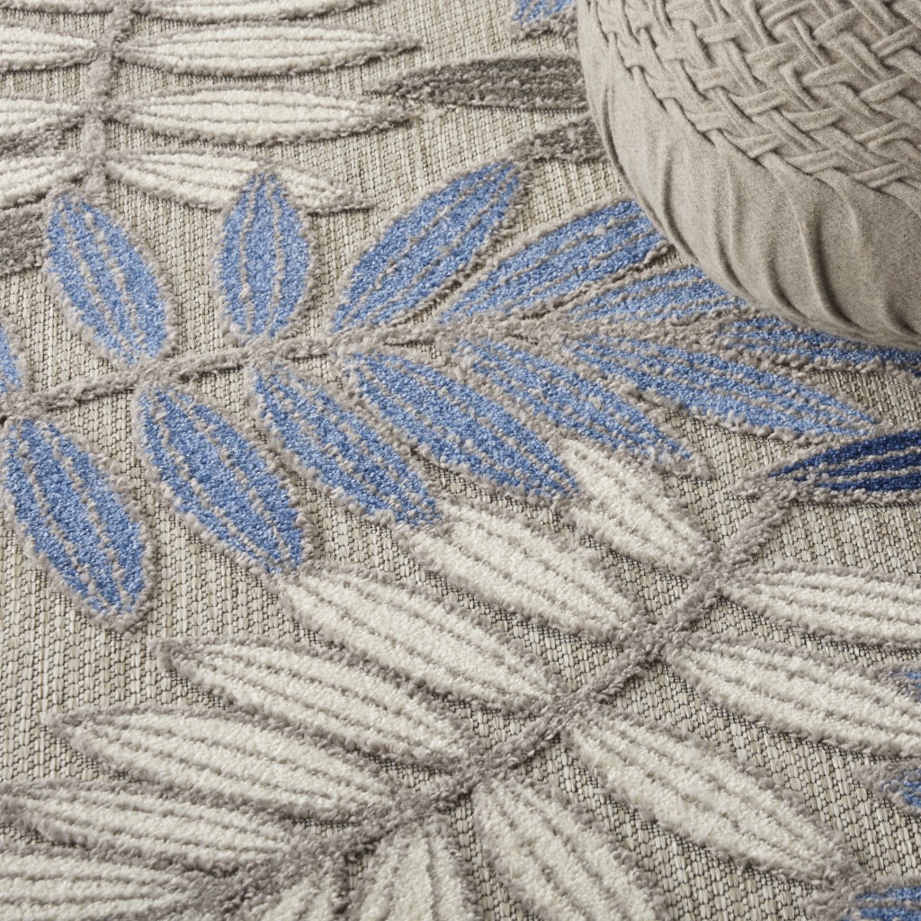 5?Round Gray and Blue Leaves Indoor Outdoor Area Rug - Image 5