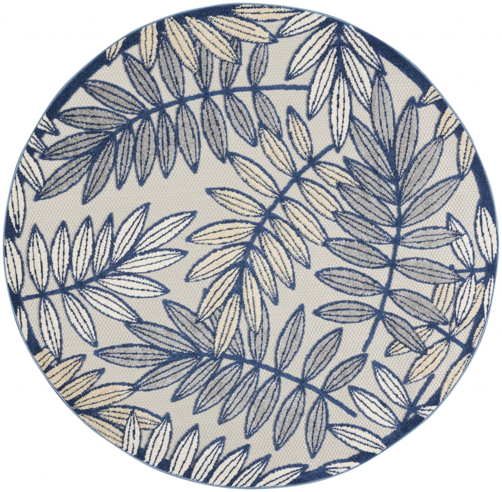 4?Round Ivory and Navy Leaves Indoor Outdoor Area Rug