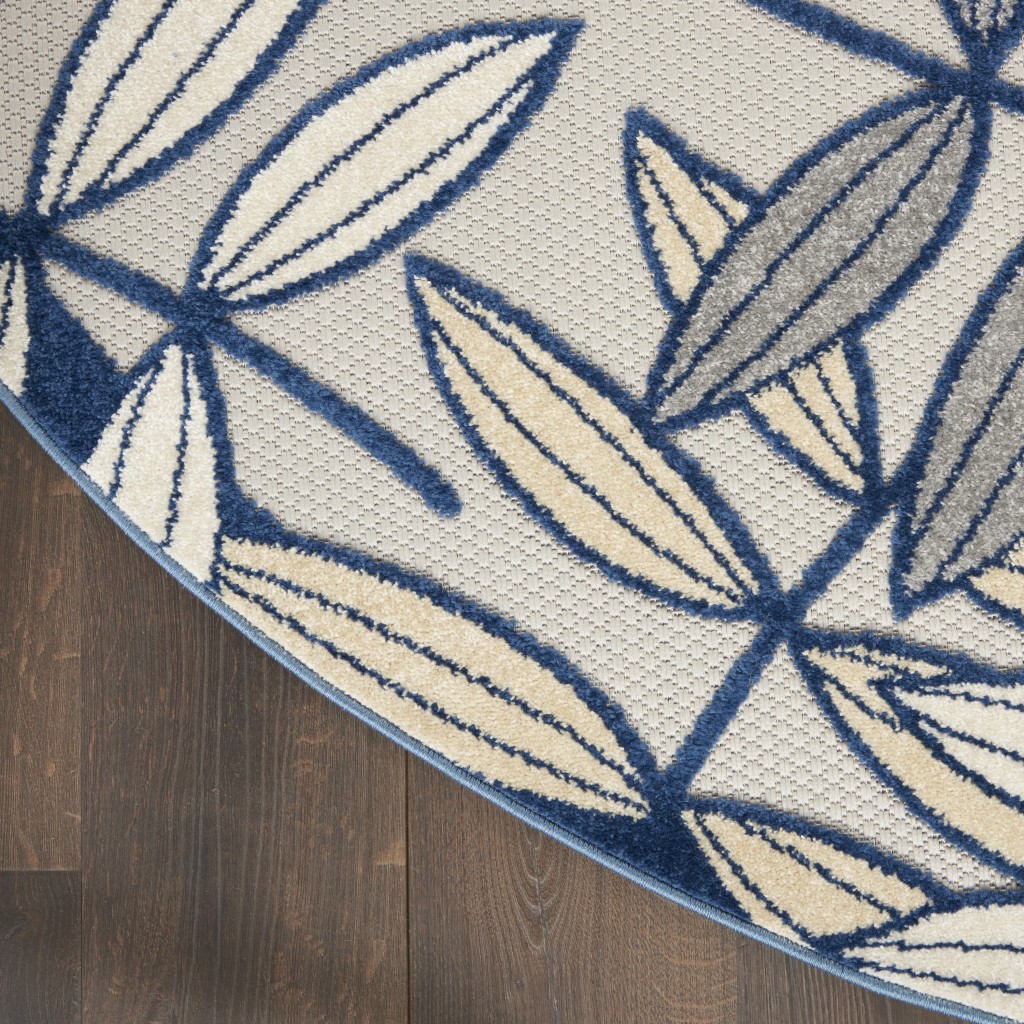 4?Round Ivory and Navy Leaves Indoor Outdoor Area Rug - Image 4