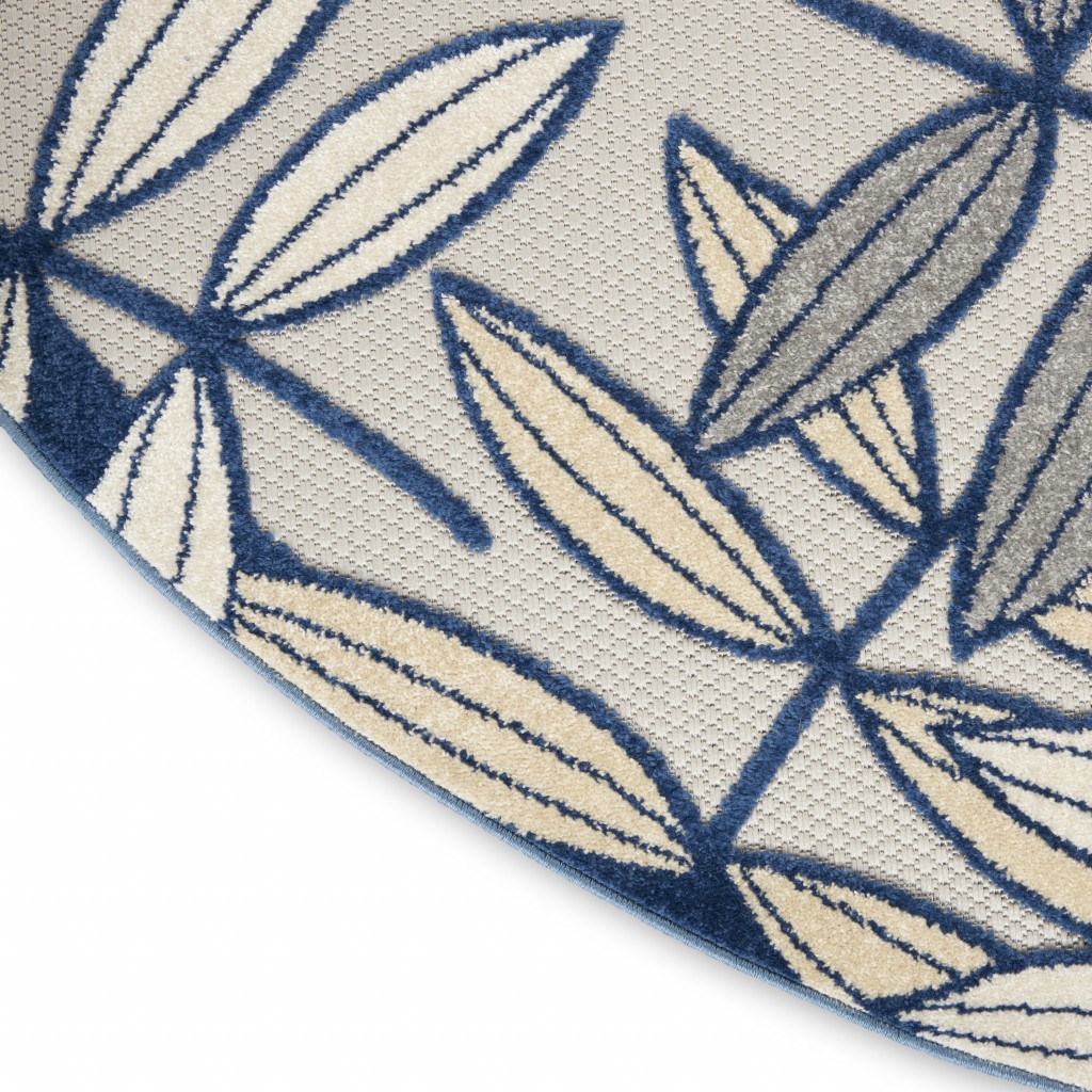 4?Round Ivory and Navy Leaves Indoor Outdoor Area Rug - Image 5