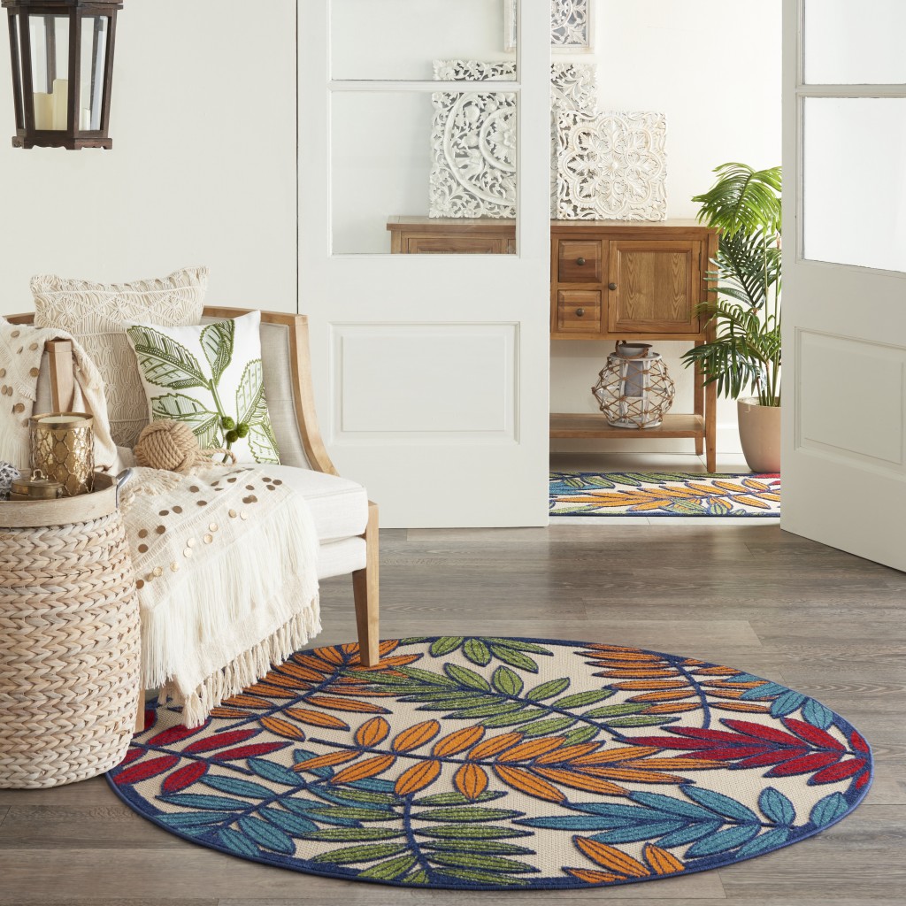 5?Round Multicolored Leaves Indoor Outdoor Area Rug - Image 4