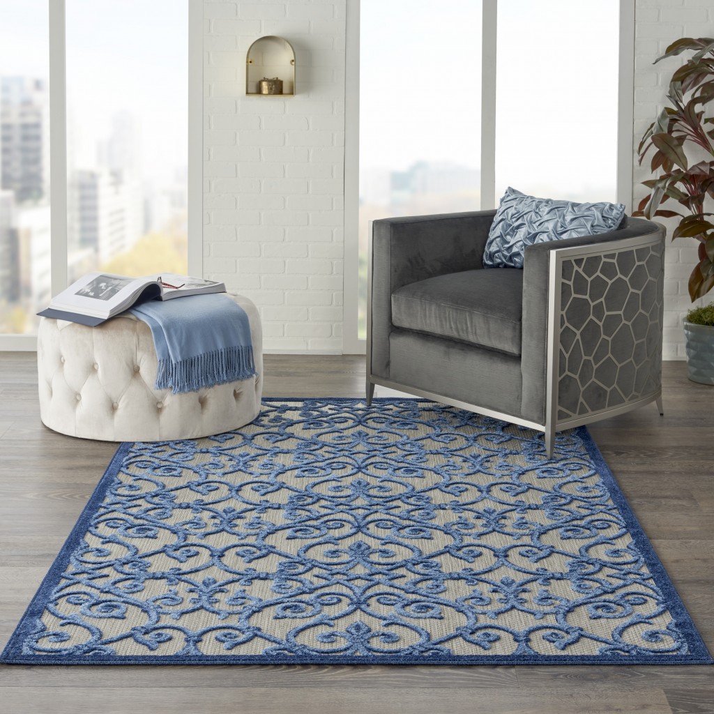 5?x 8?Gray and Blue Indoor Outdoor Area Rug - Image 4