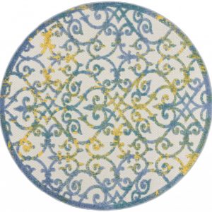 5?Round Ivory and Blue Indoor Outdoor Area Rug