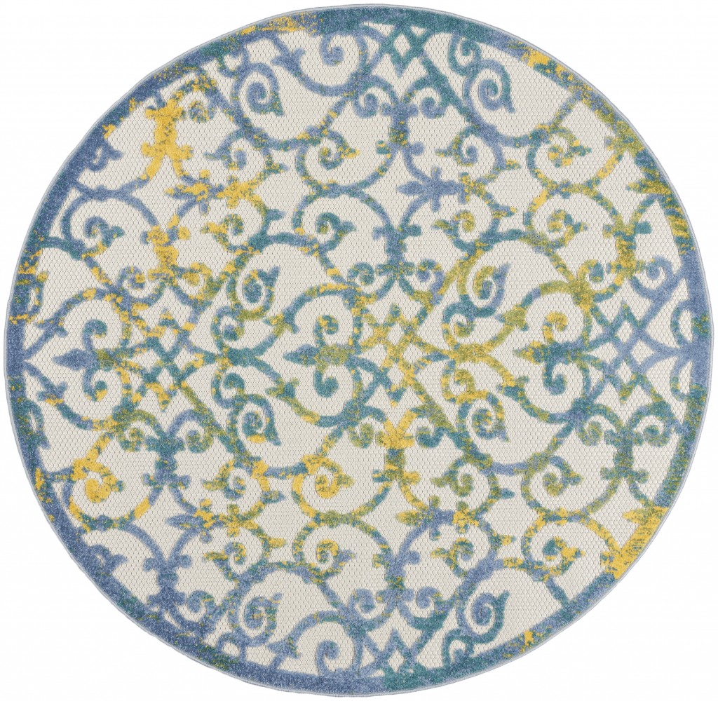 5?Round Ivory and Blue Indoor Outdoor Area Rug