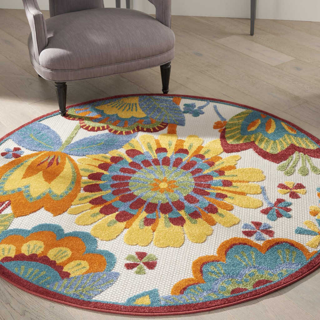 4?Round Yellow and Ivory Indoor Outdoor Area Rug - Image 2