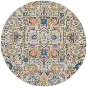 4?Round Ivory and Multicolor Floral Buds Area Rug