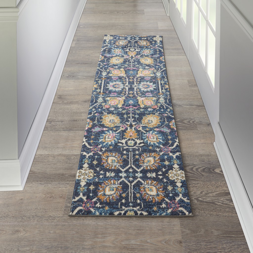 2?x 8?Navy Blue Floral Buds Runner Rug - Image 4