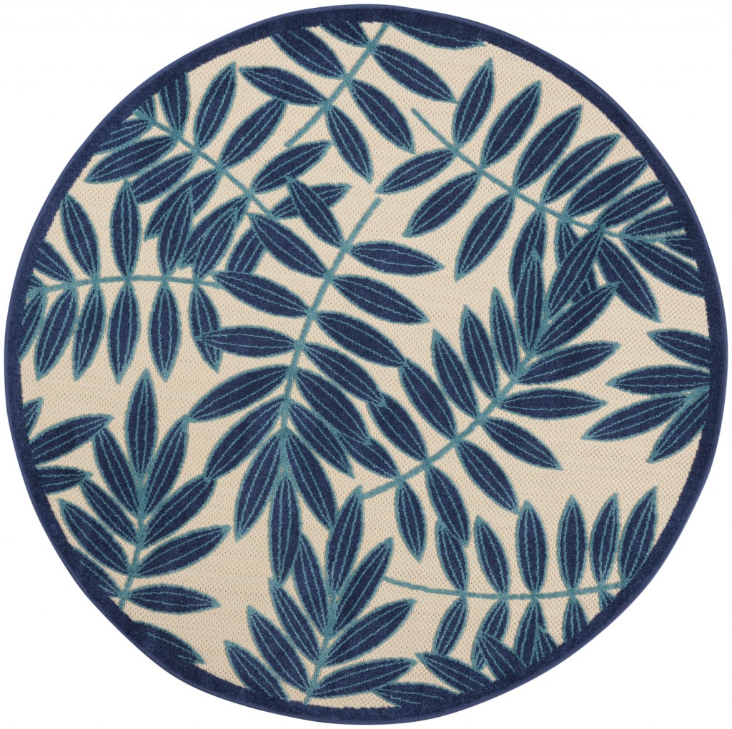 4?Round Navy and Beige Leaves Indoor Outdoor Area Rug