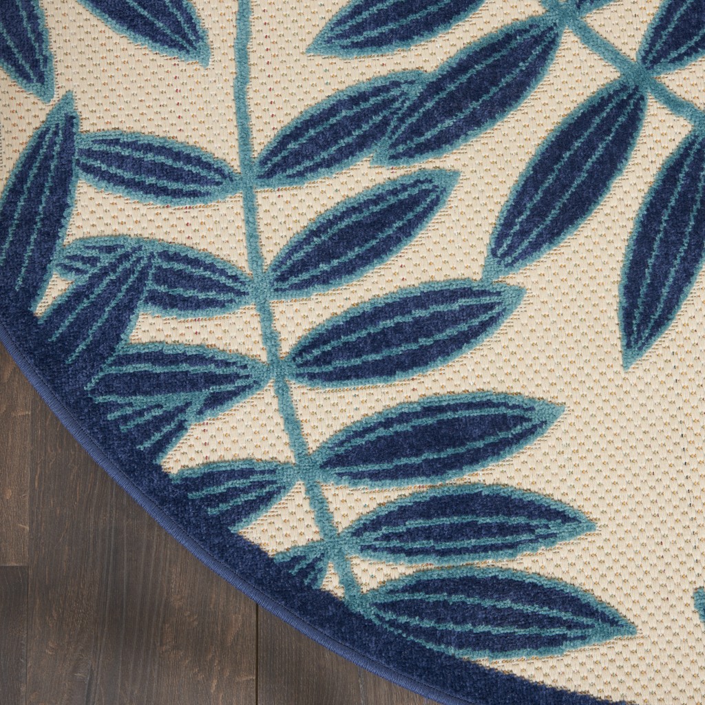 4?Round Navy and Beige Leaves Indoor Outdoor Area Rug - Image 4