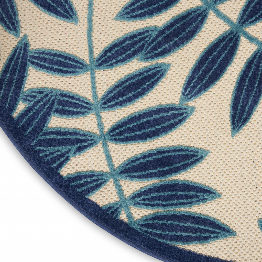 4?Round Navy and Beige Leaves Indoor Outdoor Area Rug - Image 5