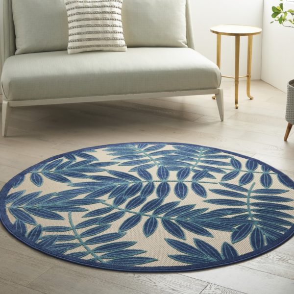5?Round Navy and Beige Leaves Indoor Outdoor Area Rug - Image 2