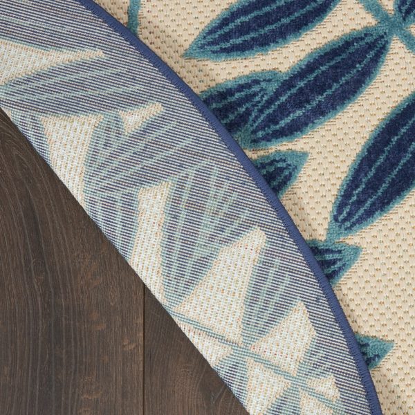 5?Round Navy and Beige Leaves Indoor Outdoor Area Rug - Image 3